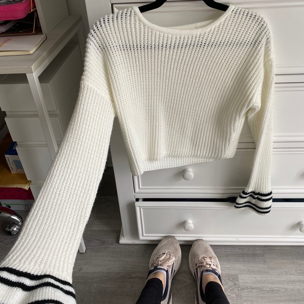 White Knit Crew Neck Sweater with Black Stripes
